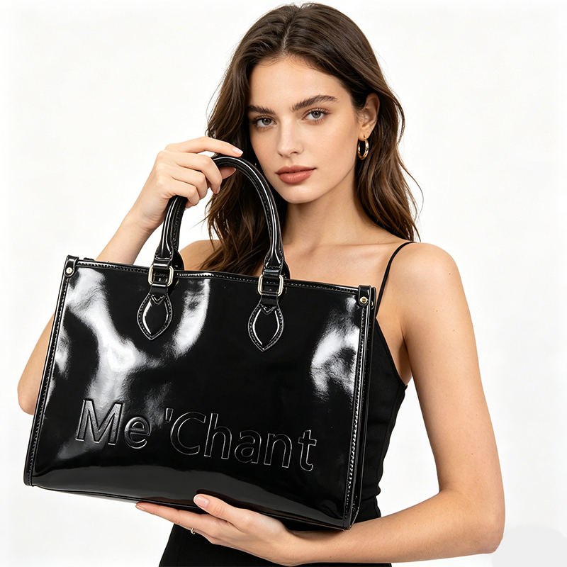 Top Handle Structured - Women Black Glossy Patent PU Leather
