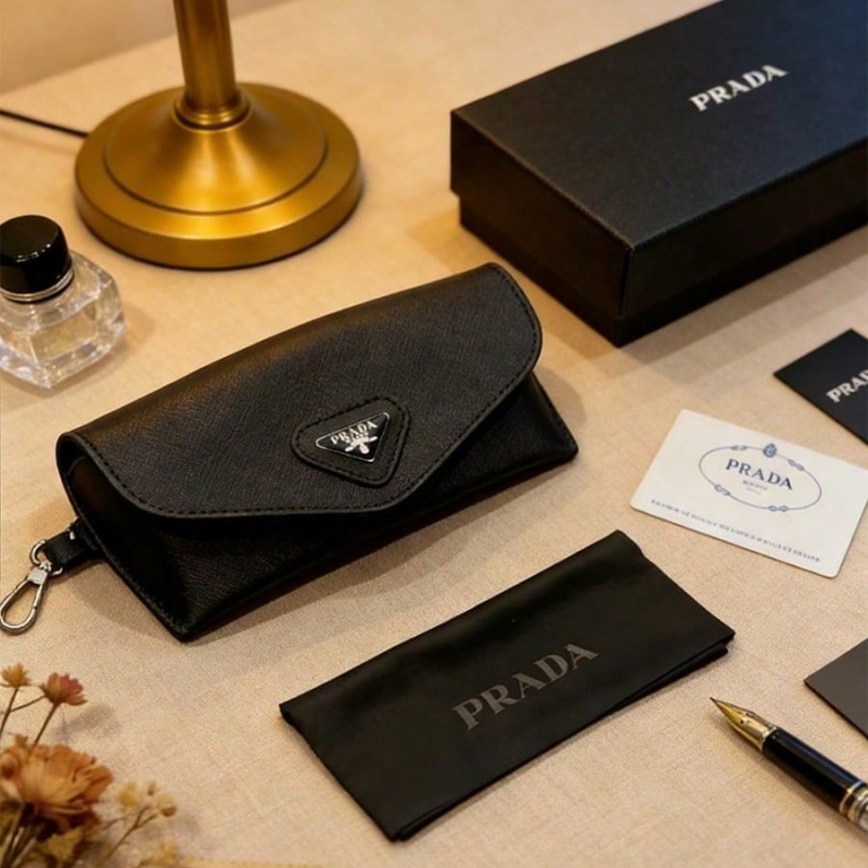 Women Bags Prada - Prada Black Leather Eyeglass Case Luxury