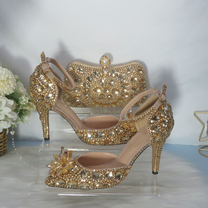 Women Bags For Party - 2021New Golden crystal Bridals Wedding shoes