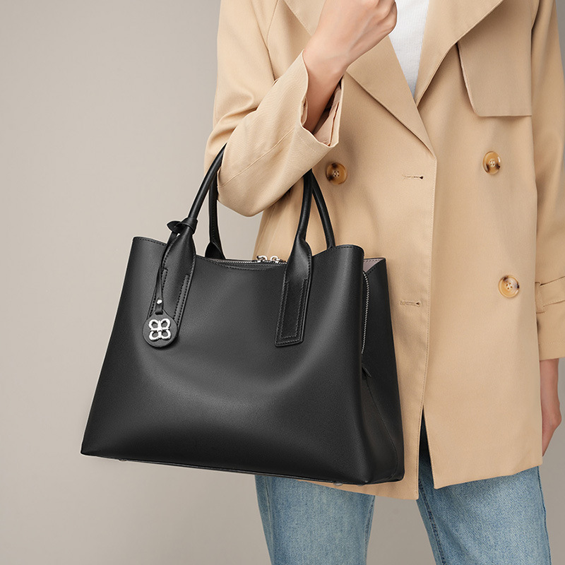 Top Handle Structured - Women Black Genuine Leather Structured Tote