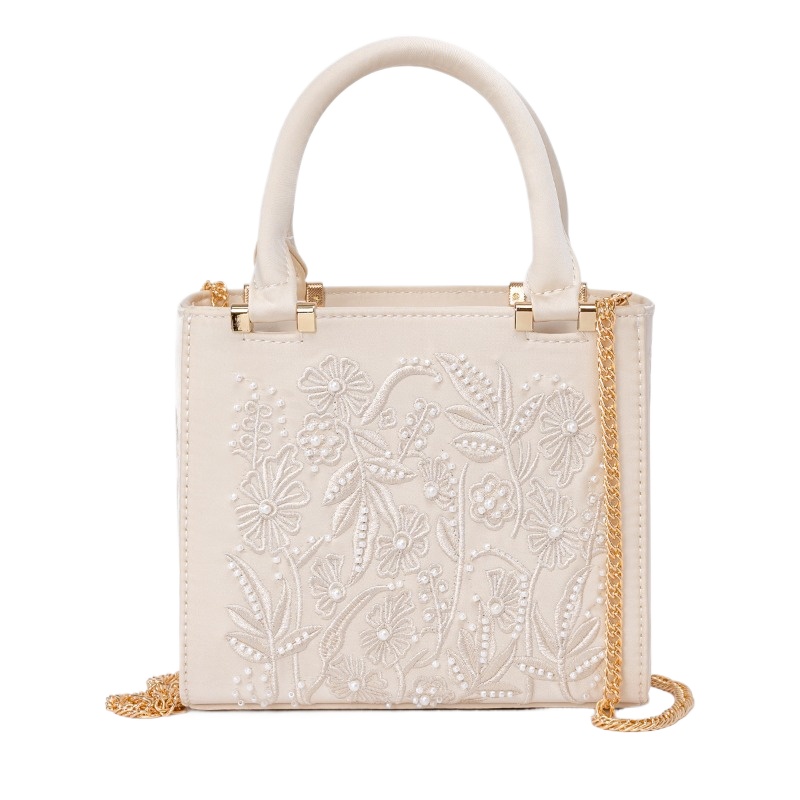 Top Handle Structured - Embroidered Pearl Handbag Vintage Elegant Structured