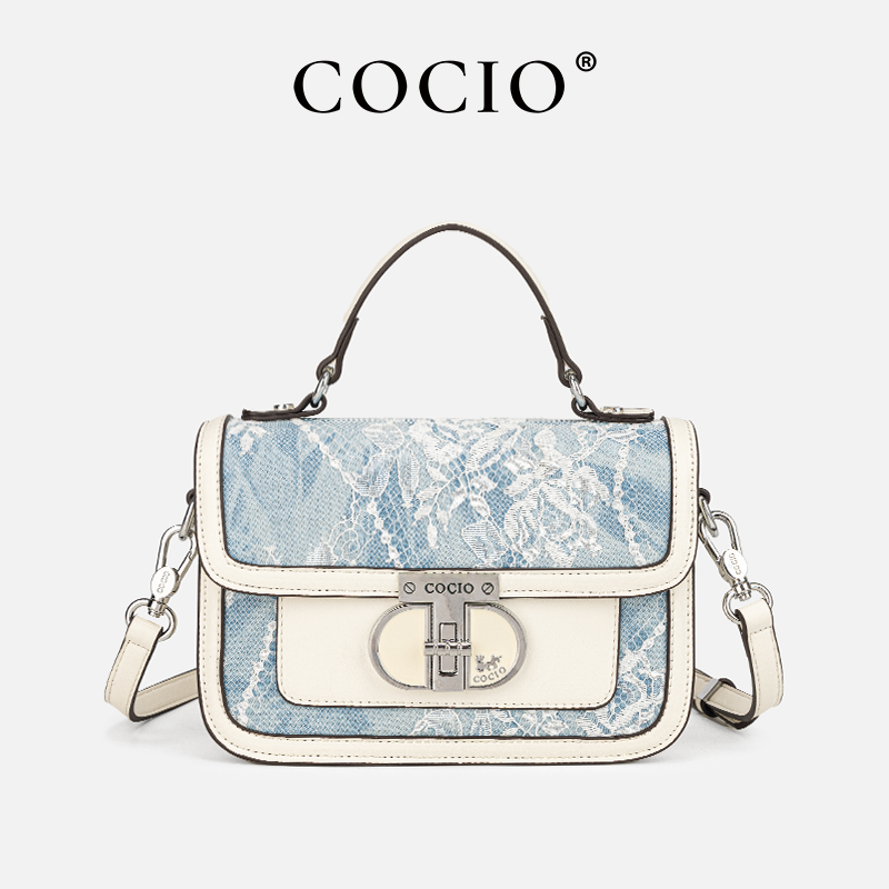 Top Handle Structured - Women Blue White Lace Flap Handbag